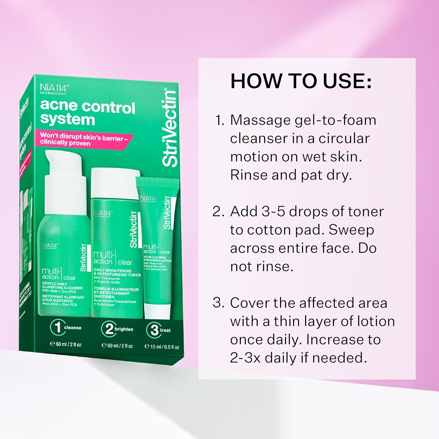 image:imageStriVectin Multi Action Clear for Acne and Blemish Prone Skin for Clearer Smooth and Brighter Skin Less Breakouts and Pimples for Healthy Looking SkinMulti Action Clear Acne 30 day 3 Piece Trial Kit
